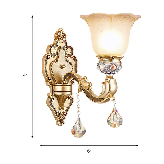 1 Bulb Floral Wall Sconce Vintage White Etched Glass Wall Lamp with Crystal Accent and Gold Curly Resin Arm Clearhalo 'Wall Lamps & Sconces' 'Wall Lights' Lighting' 266490