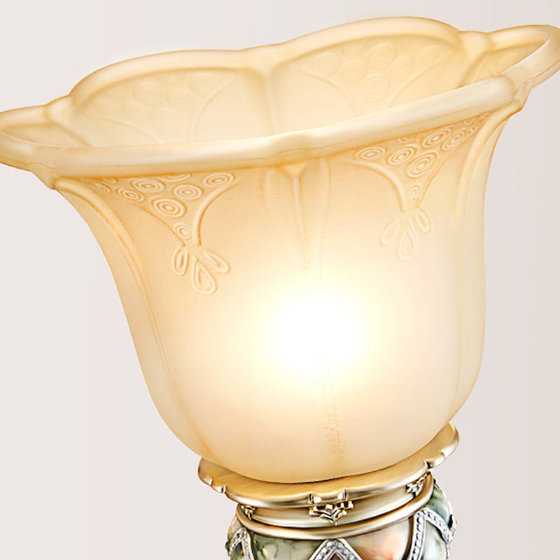 1 Bulb Floral Wall Sconce Vintage White Etched Glass Wall Lamp with Crystal Accent and Gold Curly Resin Arm Clearhalo 'Wall Lamps & Sconces' 'Wall Lights' Lighting' 266491