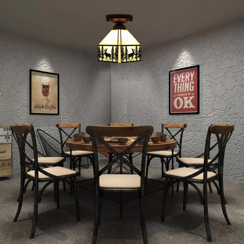 Mission Ceiling Light, Geometric Semi Flush Light in Beige with Art Glass Shade and Deer Pattern for Bedroom White 7.5" Clearhalo 'Ceiling Lights' 'Close To Ceiling Lights' 'Close to ceiling' 'Glass shade' 'Glass' 'Semi-flushmount' 'Tiffany close to ceiling' 'Tiffany' Lighting' 2665