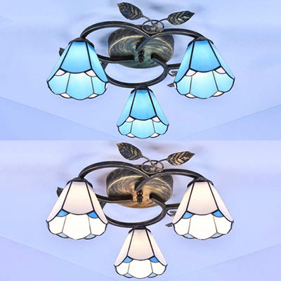 Geometric Ceiling Light Fixture with Pattern Tiffany Stained Glass 3 Lights Flushmount Ceiling Light in Bronze Clearhalo 'Ceiling Lights' 'Close To Ceiling Lights' 'Close to ceiling' 'Glass shade' 'Glass' 'Semi-flushmount' 'Tiffany close to ceiling' 'Tiffany' Lighting' 26652