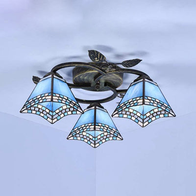 Geometric Ceiling Light Fixture with Pattern Tiffany Stained Glass 3 Lights Flushmount Ceiling Light in Bronze Bronze Mediterranean Clearhalo 'Ceiling Lights' 'Close To Ceiling Lights' 'Close to ceiling' 'Glass shade' 'Glass' 'Semi-flushmount' 'Tiffany close to ceiling' 'Tiffany' Lighting' 26656