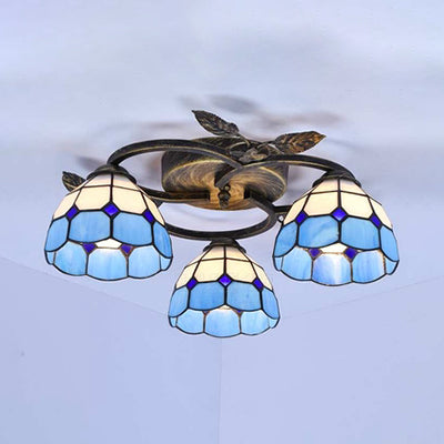 Geometric Ceiling Light Fixture with Pattern Tiffany Stained Glass 3 Lights Flushmount Ceiling Light in Bronze Bronze Blue Square Clearhalo 'Ceiling Lights' 'Close To Ceiling Lights' 'Close to ceiling' 'Glass shade' 'Glass' 'Semi-flushmount' 'Tiffany close to ceiling' 'Tiffany' Lighting' 26658