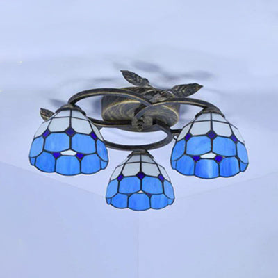 Geometric Ceiling Light Fixture with Pattern Tiffany Stained Glass 3 Lights Flushmount Ceiling Light in Bronze Clearhalo 'Ceiling Lights' 'Close To Ceiling Lights' 'Close to ceiling' 'Glass shade' 'Glass' 'Semi-flushmount' 'Tiffany close to ceiling' 'Tiffany' Lighting' 26659