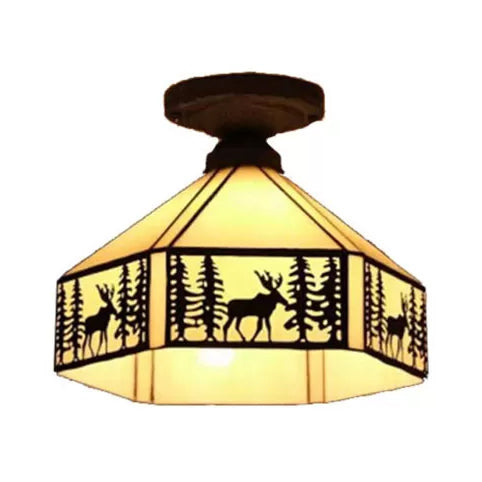 Mission Ceiling Light, Geometric Semi Flush Light in Beige with Art Glass Shade and Deer Pattern for Bedroom Clearhalo 'Ceiling Lights' 'Close To Ceiling Lights' 'Close to ceiling' 'Glass shade' 'Glass' 'Semi-flushmount' 'Tiffany close to ceiling' 'Tiffany' Lighting' 2666