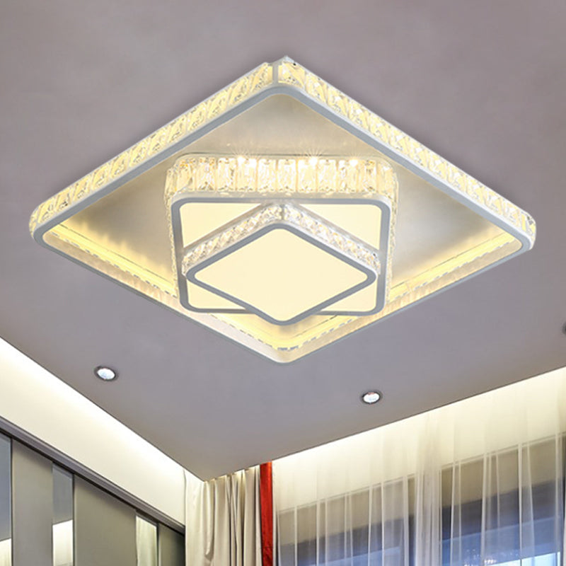 White Rectangle/Square Ceiling Light Minimalist Faceted Crystal White 19.5"/23.5" W LED Flush Mount Light Fixture in White/3 Color/Remote Control Stepless Dimming Light Clearhalo 'Ceiling Lights' 'Close To Ceiling Lights' 'Close to ceiling' 'Flush mount' Lighting' 266614