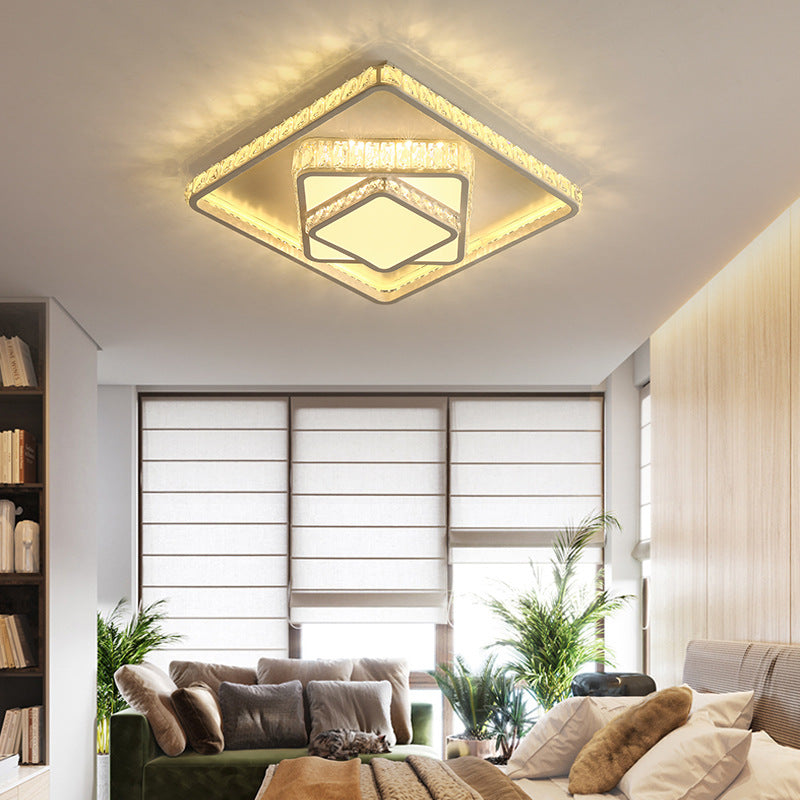 White Rectangle/Square Ceiling Light Minimalist Faceted Crystal White 19.5"/23.5" W LED Flush Mount Light Fixture in White/3 Color/Remote Control Stepless Dimming Light Clearhalo 'Ceiling Lights' 'Close To Ceiling Lights' 'Close to ceiling' 'Flush mount' Lighting' 266616