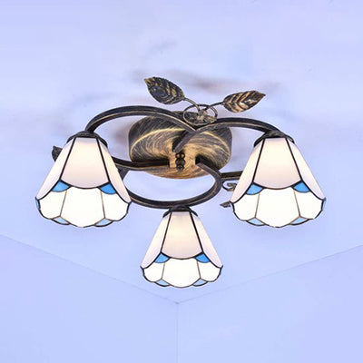 Geometric Ceiling Light Fixture with Pattern Tiffany Stained Glass 3 Lights Flushmount Ceiling Light in Bronze Bronze Cream Clearhalo 'Ceiling Lights' 'Close To Ceiling Lights' 'Close to ceiling' 'Glass shade' 'Glass' 'Semi-flushmount' 'Tiffany close to ceiling' 'Tiffany' Lighting' 26662