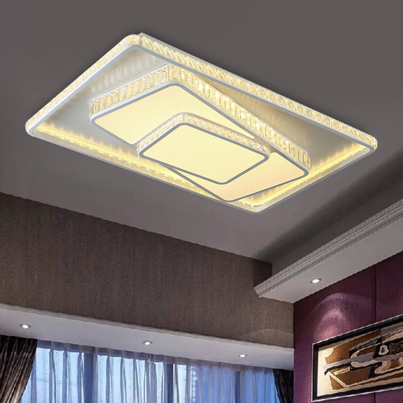 White Rectangle/Square Ceiling Light Minimalist Faceted Crystal White 19.5"/23.5" W LED Flush Mount Light Fixture in White/3 Color/Remote Control Stepless Dimming Light Clearhalo 'Ceiling Lights' 'Close To Ceiling Lights' 'Close to ceiling' 'Flush mount' Lighting' 266621