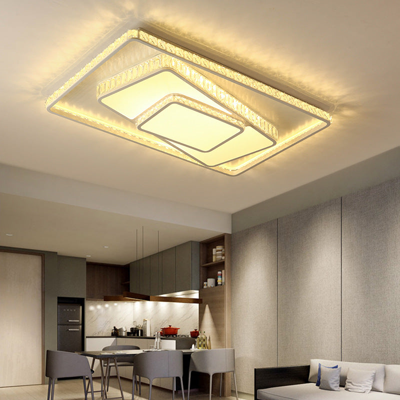 White Rectangle/Square Ceiling Light Minimalist Faceted Crystal White 19.5"/23.5" W LED Flush Mount Light Fixture in White/3 Color/Remote Control Stepless Dimming Light Clearhalo 'Ceiling Lights' 'Close To Ceiling Lights' 'Close to ceiling' 'Flush mount' Lighting' 266622