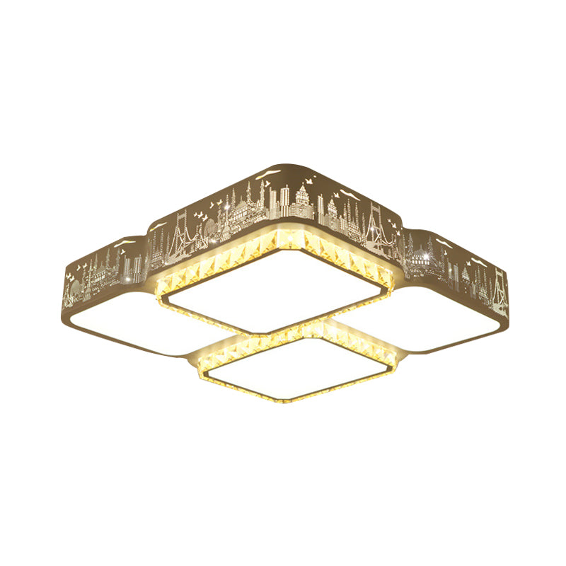 Modern K9 Crystal LED Ceiling Light White Rectangle/Square Flush Mounted Light with Acrylic Shade in Warm Light/White Light/Remote Control Stepless Dimming, 21.5"/37.5" Wide Clearhalo 'Ceiling Lights' 'Close To Ceiling Lights' 'Close to ceiling' 'Flush mount' Lighting' 266676