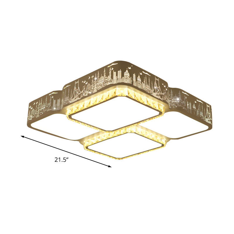 Modern K9 Crystal LED Ceiling Light White Rectangle/Square Flush Mounted Light with Acrylic Shade in Warm Light/White Light/Remote Control Stepless Dimming, 21.5"/37.5" Wide Clearhalo 'Ceiling Lights' 'Close To Ceiling Lights' 'Close to ceiling' 'Flush mount' Lighting' 266677