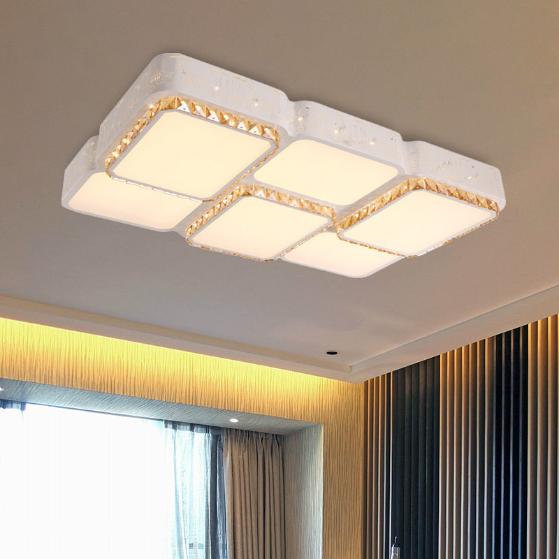 Modern K9 Crystal LED Ceiling Light White Rectangle/Square Flush Mounted Light with Acrylic Shade in Warm Light/White Light/Remote Control Stepless Dimming, 21.5"/37.5" Wide Clearhalo 'Ceiling Lights' 'Close To Ceiling Lights' 'Close to ceiling' 'Flush mount' Lighting' 266679