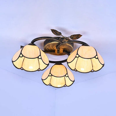 Geometric Ceiling Light Fixture with Pattern Tiffany Stained Glass 3 Lights Flushmount Ceiling Light in Bronze Bronze Beige Clearhalo 'Ceiling Lights' 'Close To Ceiling Lights' 'Close to ceiling' 'Glass shade' 'Glass' 'Semi-flushmount' 'Tiffany close to ceiling' 'Tiffany' Lighting' 26668