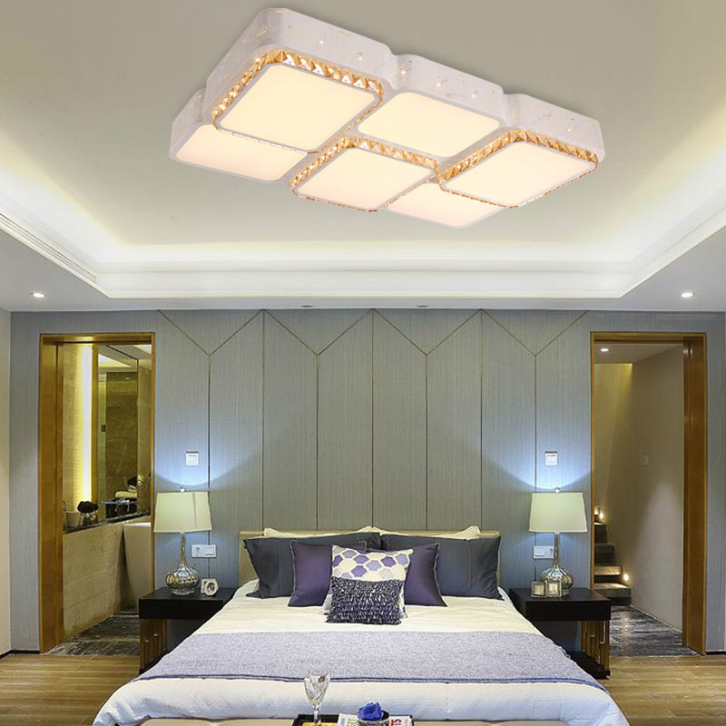 Modern K9 Crystal LED Ceiling Light White Rectangle/Square Flush Mounted Light with Acrylic Shade in Warm Light/White Light/Remote Control Stepless Dimming, 21.5"/37.5" Wide Clearhalo 'Ceiling Lights' 'Close To Ceiling Lights' 'Close to ceiling' 'Flush mount' Lighting' 266680