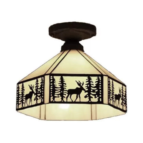 Mission Ceiling Light, Geometric Semi Flush Light in Beige with Art Glass Shade and Deer Pattern for Bedroom Clearhalo 'Ceiling Lights' 'Close To Ceiling Lights' 'Close to ceiling' 'Glass shade' 'Glass' 'Semi-flushmount' 'Tiffany close to ceiling' 'Tiffany' Lighting' 2667