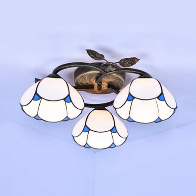Geometric Ceiling Light Fixture with Pattern Tiffany Stained Glass 3 Lights Flushmount Ceiling Light in Bronze Bronze White Clearhalo 'Ceiling Lights' 'Close To Ceiling Lights' 'Close to ceiling' 'Glass shade' 'Glass' 'Semi-flushmount' 'Tiffany close to ceiling' 'Tiffany' Lighting' 26672