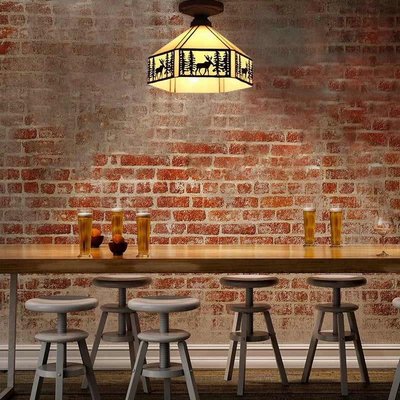 Mission Ceiling Light, Geometric Semi Flush Light in Beige with Art Glass Shade and Deer Pattern for Bedroom White 11" Clearhalo 'Ceiling Lights' 'Close To Ceiling Lights' 'Close to ceiling' 'Glass shade' 'Glass' 'Semi-flushmount' 'Tiffany close to ceiling' 'Tiffany' Lighting' 2668