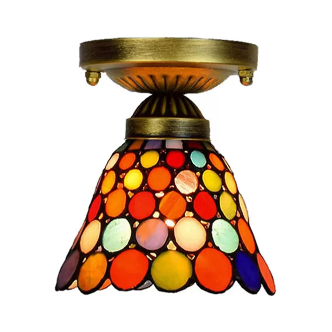 Bedroom Ceiling Light Glass, Multicolor Semi Flush Mount Light with Cone Shade Tiffany Style Antique Brass 6" Clearhalo 'Ceiling Lights' 'Close To Ceiling Lights' 'Close to ceiling' 'Glass shade' 'Glass' 'Semi-flushmount' 'Tiffany close to ceiling' 'Tiffany' Lighting' 2670