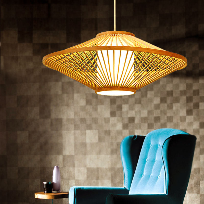 19.5"/23.5" Dia Saucer Suspended Lamp Modern Style Bamboo 1-Bulb Black/Beige Hanging Light Fixture for Living Room Beige Clearhalo 'Ceiling Lights' 'Pendant Lights' 'Pendants' Lighting' 267240_258ca6df-9522-4804-ae1b-b21bce7b9df5