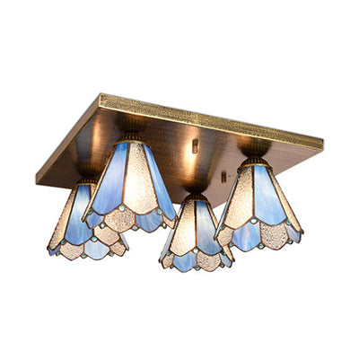 Cone Ceiling Light Fixture Tiffany Stained Glass 4 Lights Flush Mount Ceiling Light in Blue/Beige Blue Clearhalo 'Ceiling Lights' 'Close To Ceiling Lights' 'Close to ceiling' 'Glass shade' 'Glass' 'Semi-flushmount' 'Tiffany close to ceiling' 'Tiffany' Lighting' 26725