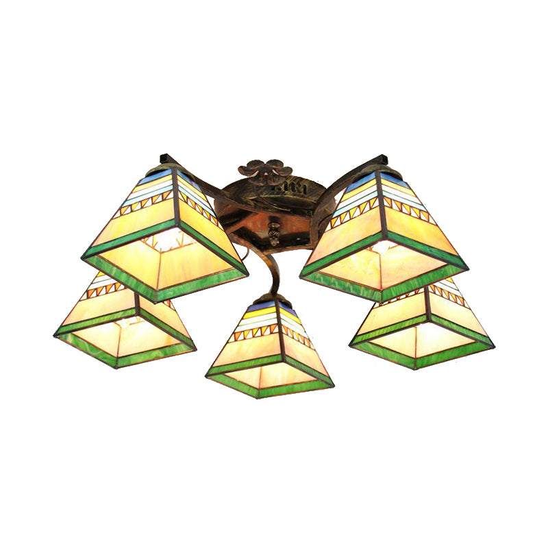 5 Heads Scalloped Ceiling Light Tiffany Stained Glass Semi Flush Light in Antique Bronze for Bedroom Clearhalo 'Ceiling Lights' 'Close To Ceiling Lights' 'Close to ceiling' 'Glass shade' 'Glass' 'Island Lights' 'Semi-flushmount' 'Tiffany close to ceiling' 'Tiffany' Lighting' 267344
