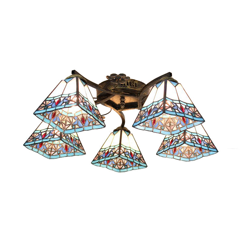5 Heads Scalloped Ceiling Light Tiffany Stained Glass Semi Flush Light in Antique Bronze for Bedroom Clearhalo 'Ceiling Lights' 'Close To Ceiling Lights' 'Close to ceiling' 'Glass shade' 'Glass' 'Island Lights' 'Semi-flushmount' 'Tiffany close to ceiling' 'Tiffany' Lighting' 267347