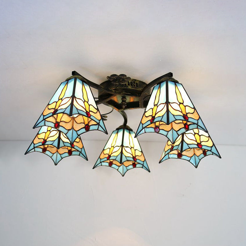 5 Heads Scalloped Ceiling Light Tiffany Stained Glass Semi Flush Light in Antique Bronze for Bedroom Clearhalo 'Ceiling Lights' 'Close To Ceiling Lights' 'Close to ceiling' 'Glass shade' 'Glass' 'Island Lights' 'Semi-flushmount' 'Tiffany close to ceiling' 'Tiffany' Lighting' 267349