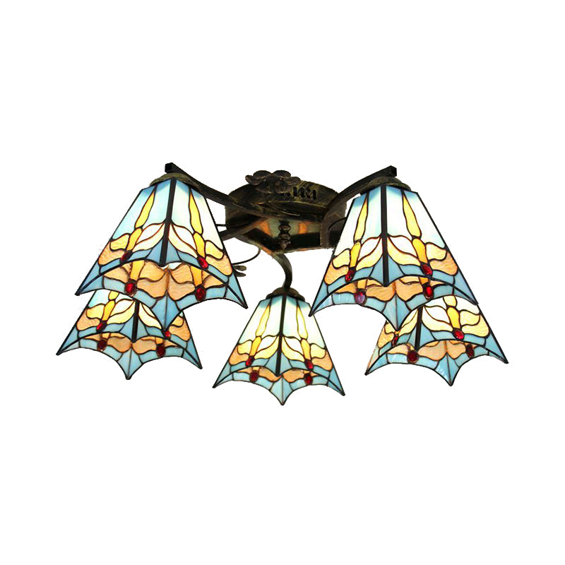 5 Heads Scalloped Ceiling Light Tiffany Stained Glass Semi Flush Light in Antique Bronze for Bedroom Clearhalo 'Ceiling Lights' 'Close To Ceiling Lights' 'Close to ceiling' 'Glass shade' 'Glass' 'Island Lights' 'Semi-flushmount' 'Tiffany close to ceiling' 'Tiffany' Lighting' 267350