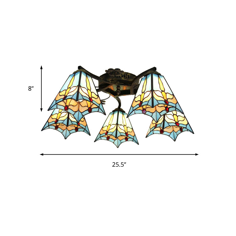 5 Heads Scalloped Ceiling Light Tiffany Stained Glass Semi Flush Light in Antique Bronze for Bedroom Clearhalo 'Ceiling Lights' 'Close To Ceiling Lights' 'Close to ceiling' 'Glass shade' 'Glass' 'Island Lights' 'Semi-flushmount' 'Tiffany close to ceiling' 'Tiffany' Lighting' 267351