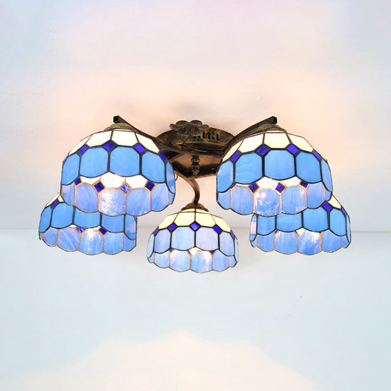 5 Heads Scalloped Ceiling Light Tiffany Stained Glass Semi Flush Light in Antique Bronze for Bedroom Antique Bronze Blue Square Clearhalo 'Ceiling Lights' 'Close To Ceiling Lights' 'Close to ceiling' 'Glass shade' 'Glass' 'Island Lights' 'Semi-flushmount' 'Tiffany close to ceiling' 'Tiffany' Lighting' 267352