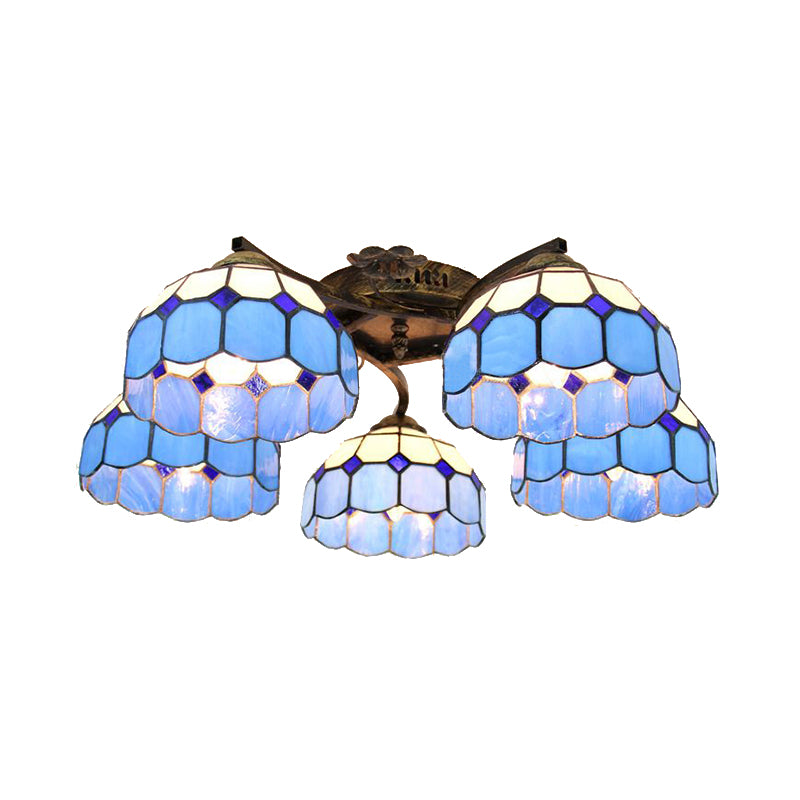 5 Heads Scalloped Ceiling Light Tiffany Stained Glass Semi Flush Light in Antique Bronze for Bedroom Clearhalo 'Ceiling Lights' 'Close To Ceiling Lights' 'Close to ceiling' 'Glass shade' 'Glass' 'Island Lights' 'Semi-flushmount' 'Tiffany close to ceiling' 'Tiffany' Lighting' 267353