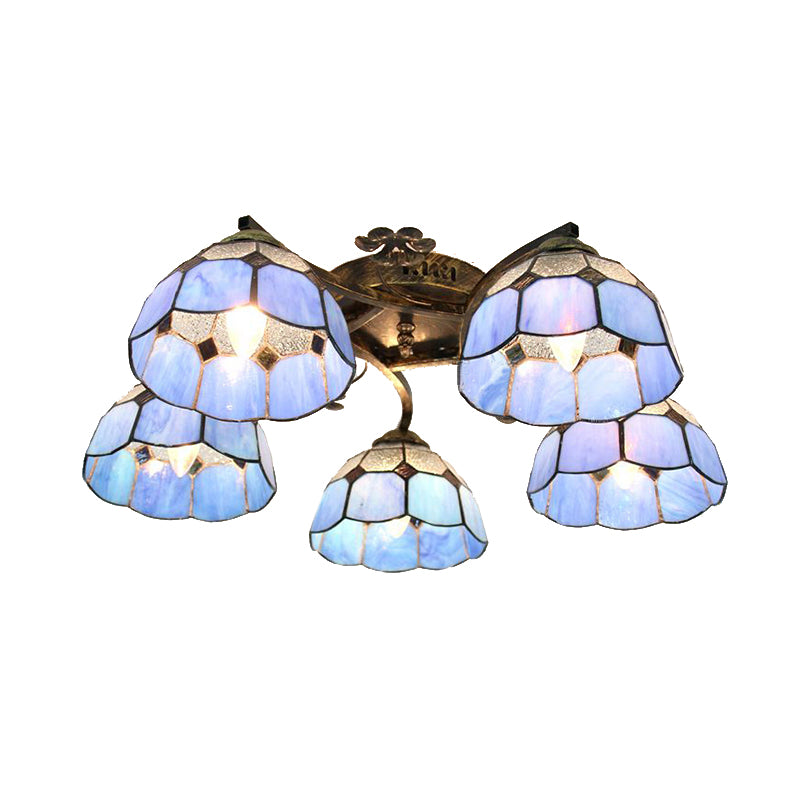 5 Heads Scalloped Ceiling Light Tiffany Stained Glass Semi Flush Light in Antique Bronze for Bedroom Clearhalo 'Ceiling Lights' 'Close To Ceiling Lights' 'Close to ceiling' 'Glass shade' 'Glass' 'Island Lights' 'Semi-flushmount' 'Tiffany close to ceiling' 'Tiffany' Lighting' 267356