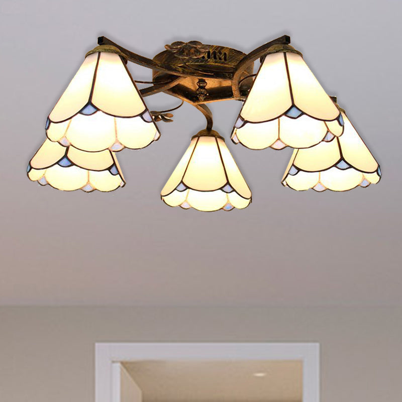 5 Heads Scalloped Ceiling Light Tiffany Stained Glass Semi Flush Light in Antique Bronze for Bedroom Antique Bronze Curved Clearhalo 'Ceiling Lights' 'Close To Ceiling Lights' 'Close to ceiling' 'Glass shade' 'Glass' 'Island Lights' 'Semi-flushmount' 'Tiffany close to ceiling' 'Tiffany' Lighting' 267358