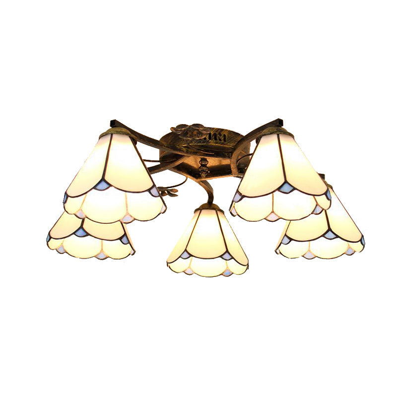 5 Heads Scalloped Ceiling Light Tiffany Stained Glass Semi Flush Light in Antique Bronze for Bedroom Clearhalo 'Ceiling Lights' 'Close To Ceiling Lights' 'Close to ceiling' 'Glass shade' 'Glass' 'Island Lights' 'Semi-flushmount' 'Tiffany close to ceiling' 'Tiffany' Lighting' 267360