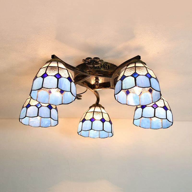 5 Heads Scalloped Ceiling Light Tiffany Stained Glass Semi Flush Light in Antique Bronze for Bedroom Antique Bronze Blue Diamond Clearhalo 'Ceiling Lights' 'Close To Ceiling Lights' 'Close to ceiling' 'Glass shade' 'Glass' 'Island Lights' 'Semi-flushmount' 'Tiffany close to ceiling' 'Tiffany' Lighting' 267365