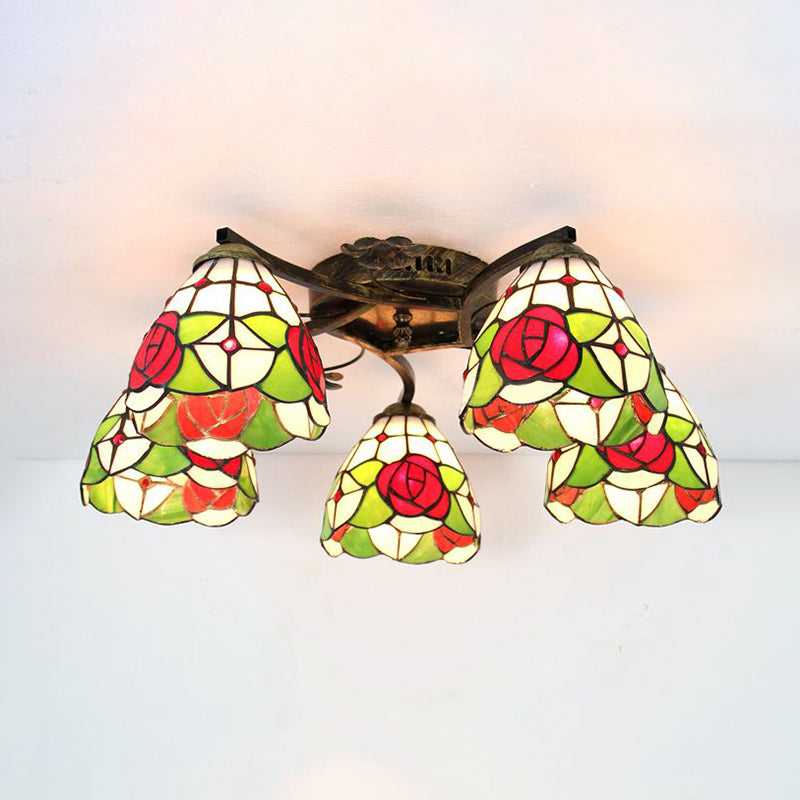 5 Heads Scalloped Ceiling Light Tiffany Stained Glass Semi Flush Light in Antique Bronze for Bedroom Antique Bronze Rose Clearhalo 'Ceiling Lights' 'Close To Ceiling Lights' 'Close to ceiling' 'Glass shade' 'Glass' 'Island Lights' 'Semi-flushmount' 'Tiffany close to ceiling' 'Tiffany' Lighting' 267368