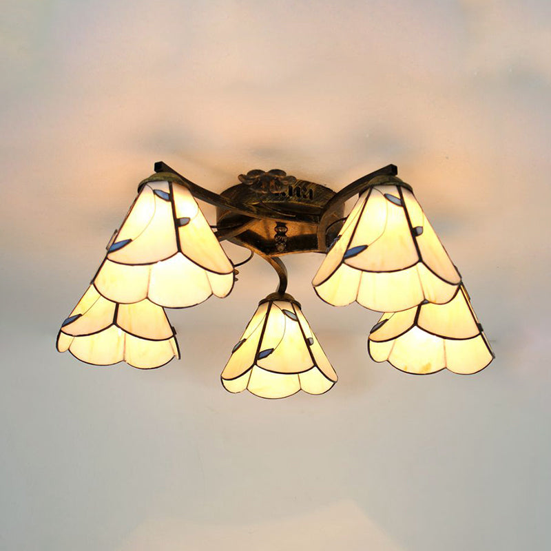 5 Heads Scalloped Ceiling Light Tiffany Stained Glass Semi Flush Light in Antique Bronze for Bedroom Antique Bronze Blue Leaf Clearhalo 'Ceiling Lights' 'Close To Ceiling Lights' 'Close to ceiling' 'Glass shade' 'Glass' 'Island Lights' 'Semi-flushmount' 'Tiffany close to ceiling' 'Tiffany' Lighting' 267374