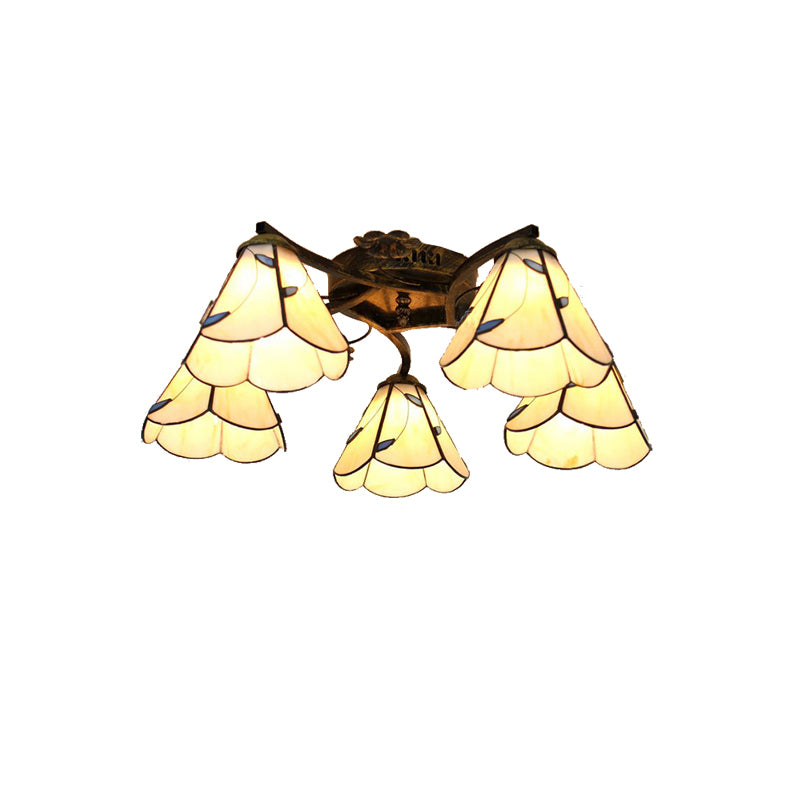 5 Heads Scalloped Ceiling Light Tiffany Stained Glass Semi Flush Light in Antique Bronze for Bedroom Clearhalo 'Ceiling Lights' 'Close To Ceiling Lights' 'Close to ceiling' 'Glass shade' 'Glass' 'Island Lights' 'Semi-flushmount' 'Tiffany close to ceiling' 'Tiffany' Lighting' 267375