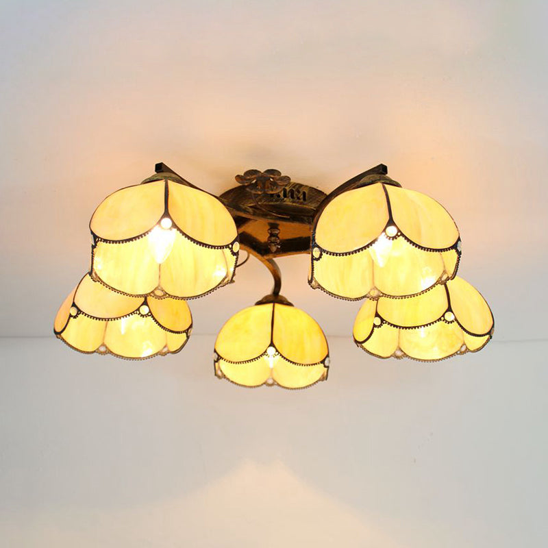 5 Heads Scalloped Ceiling Light Tiffany Stained Glass Semi Flush Light in Antique Bronze for Bedroom Antique Bronze Yellow Clearhalo 'Ceiling Lights' 'Close To Ceiling Lights' 'Close to ceiling' 'Glass shade' 'Glass' 'Island Lights' 'Semi-flushmount' 'Tiffany close to ceiling' 'Tiffany' Lighting' 267380
