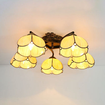 5 Heads Scalloped Ceiling Light Tiffany Stained Glass Semi Flush Light in Antique Bronze for Bedroom Antique Bronze Yellow Clearhalo 'Ceiling Lights' 'Close To Ceiling Lights' 'Close to ceiling' 'Glass shade' 'Glass' 'Island Lights' 'Semi-flushmount' 'Tiffany close to ceiling' 'Tiffany' Lighting' 267380