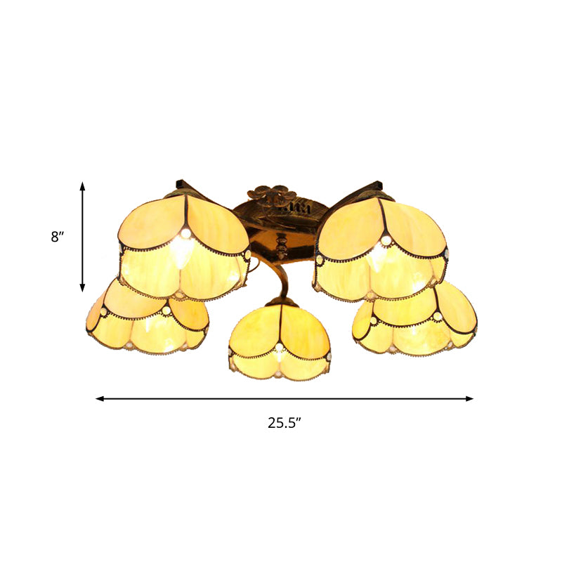 5 Heads Scalloped Ceiling Light Tiffany Stained Glass Semi Flush Light in Antique Bronze for Bedroom Clearhalo 'Ceiling Lights' 'Close To Ceiling Lights' 'Close to ceiling' 'Glass shade' 'Glass' 'Island Lights' 'Semi-flushmount' 'Tiffany close to ceiling' 'Tiffany' Lighting' 267382
