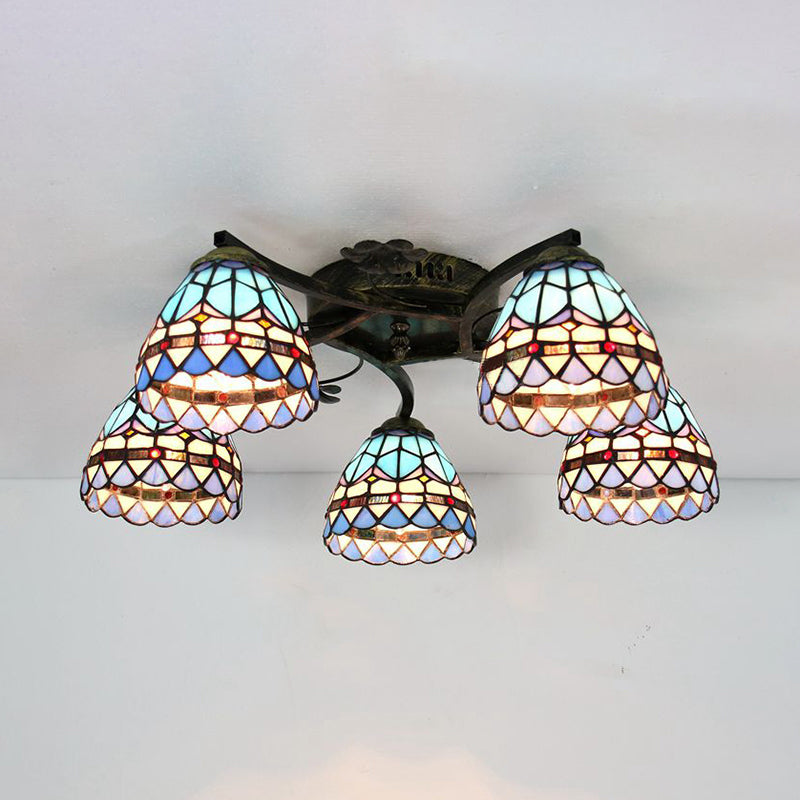 5 Heads Scalloped Ceiling Light Tiffany Stained Glass Semi Flush Light in Antique Bronze for Bedroom Antique Bronze Baroque Clearhalo 'Ceiling Lights' 'Close To Ceiling Lights' 'Close to ceiling' 'Glass shade' 'Glass' 'Island Lights' 'Semi-flushmount' 'Tiffany close to ceiling' 'Tiffany' Lighting' 267383