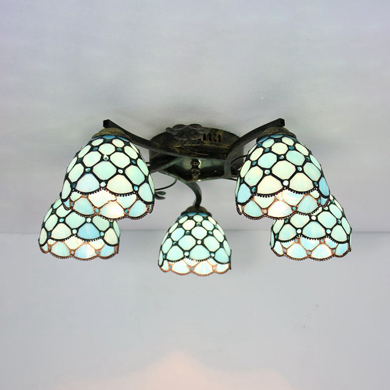 5 Heads Scalloped Ceiling Light Tiffany Stained Glass Semi Flush Light in Antique Bronze for Bedroom Antique Bronze Fish Tail Clearhalo 'Ceiling Lights' 'Close To Ceiling Lights' 'Close to ceiling' 'Glass shade' 'Glass' 'Island Lights' 'Semi-flushmount' 'Tiffany close to ceiling' 'Tiffany' Lighting' 267386
