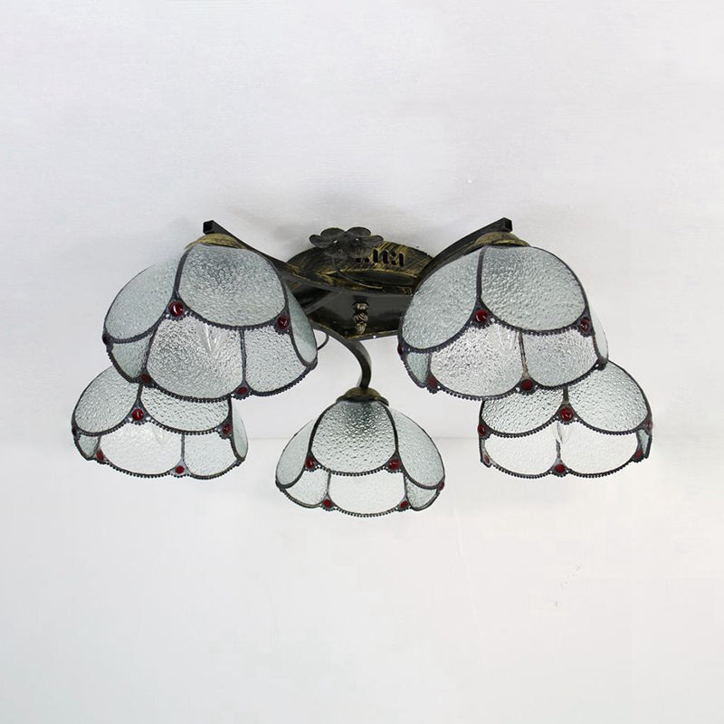 5 Heads Scalloped Ceiling Light Tiffany Stained Glass Semi Flush Light in Antique Bronze for Bedroom Antique Bronze Frosted Clearhalo 'Ceiling Lights' 'Close To Ceiling Lights' 'Close to ceiling' 'Glass shade' 'Glass' 'Island Lights' 'Semi-flushmount' 'Tiffany close to ceiling' 'Tiffany' Lighting' 267389