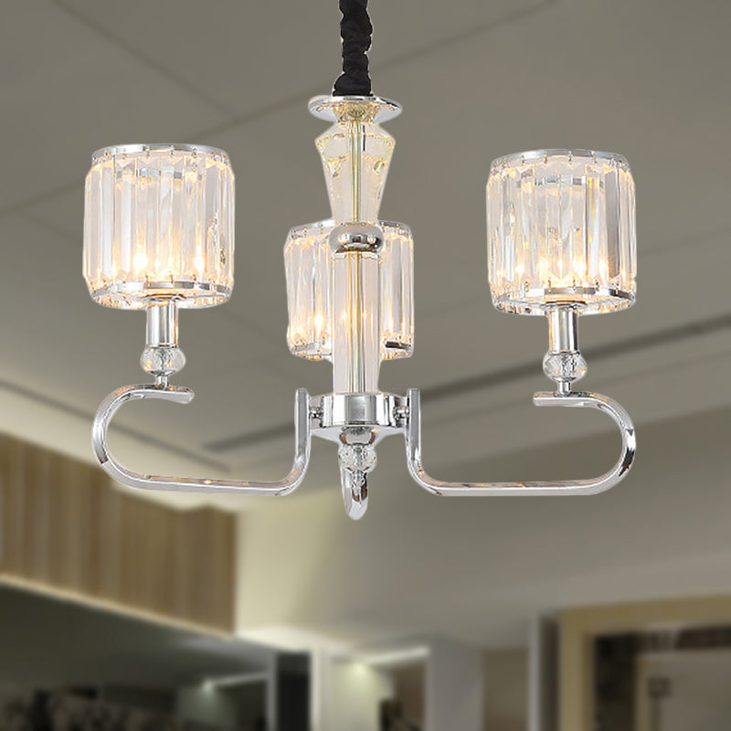 Crystal Rectangle Cylinder Hanging Ceiling Light Contemporary 3/6 Lights Chrome Chandelier Light 3 Chrome Clearhalo 'Ceiling Lights' 'Chandeliers' 'Glass shade' 'Glass' 'Modern Chandeliers' 'Modern' Lighting' 267453