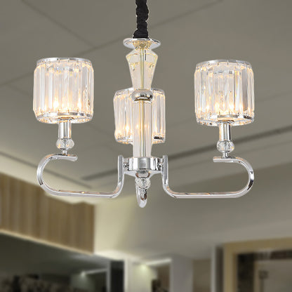 Crystal Rectangle Cylinder Hanging Ceiling Light Contemporary 3/6 Lights Chrome Chandelier Light 3 Chrome Clearhalo 'Ceiling Lights' 'Chandeliers' 'Glass shade' 'Glass' 'Modern Chandeliers' 'Modern' Lighting' 267453