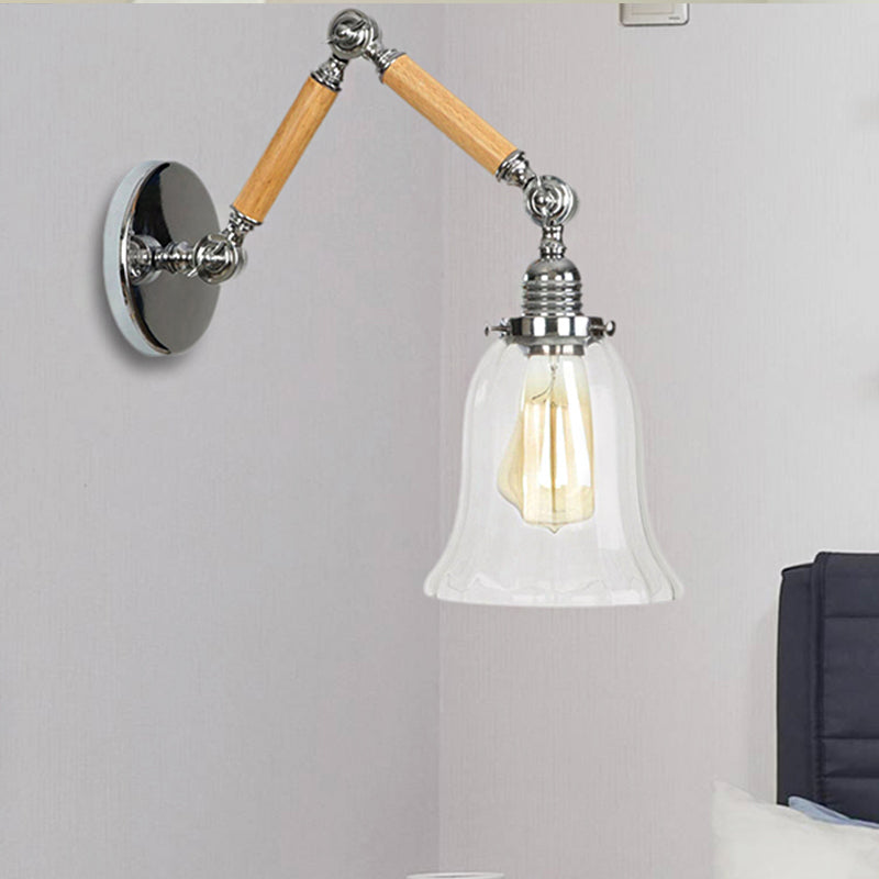 Flared Living Room Wall Light Fixture Vintage Clear Prismatic Glass 1 Light Chrome Sconce Lamp with 8"+8"/6"+6"/8"+4" Wooden Arm Clearhalo 'Cast Iron' 'Glass' 'Industrial wall lights' 'Industrial' 'Middle century wall lights' 'Modern' 'Tiffany' 'Traditional wall lights' 'Wall Lamps & Sconces' 'Wall Lights' Lighting' 267462
