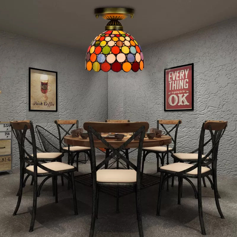 Bedroom Ceiling Light Glass, Multicolor Semi Flush Mount Light with Cone Shade Tiffany Style Antique Brass 8" Clearhalo 'Ceiling Lights' 'Close To Ceiling Lights' 'Close to ceiling' 'Glass shade' 'Glass' 'Semi-flushmount' 'Tiffany close to ceiling' 'Tiffany' Lighting' 2675