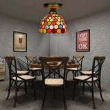 Bedroom Ceiling Light Glass, Multicolor Semi Flush Mount Light with Cone Shade Tiffany Style Antique Brass 8" Clearhalo 'Ceiling Lights' 'Close To Ceiling Lights' 'Close to ceiling' 'Glass shade' 'Glass' 'Semi-flushmount' 'Tiffany close to ceiling' 'Tiffany' Lighting' 2675