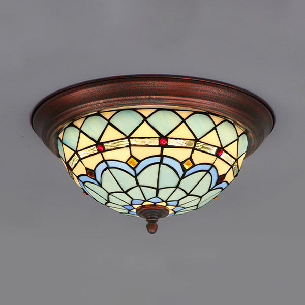 Industrial Vintage Dome Shape Flushmount Ceiling Light Stained Glass 1 Light Flush Mount Ceiling Fixture in White/Clear/Blue Blue Clearhalo 'Ceiling Lights' 'Close To Ceiling Lights' 'Close to ceiling' 'Flush mount' Lighting' 26773
